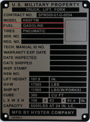 Fuel Type Data Plate Close-up